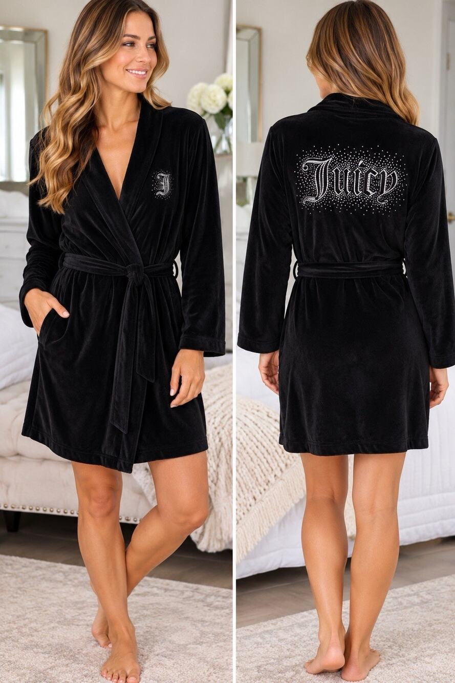 Juicy Couture Black Velour Velvet Rhinestone Logo Belted Robe Sz L/Xl